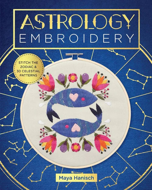 Book cover of 'Astrology Embroidery' with embroidery design and zodiac symbol on a blue background.