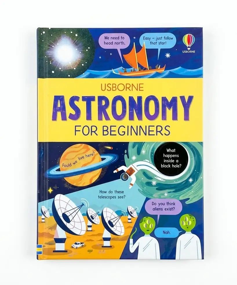 Usborne Astronomy for Beginners children's book with a colorful space-themed cover featuring illustrations of planets, satellites, aliens, and a rocket.