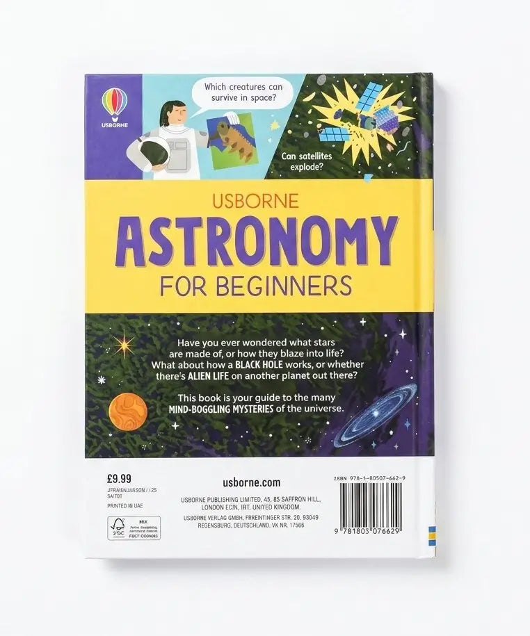 Usborne Astronomy for Beginners paperback book shown from the back, featuring a colorful space-themed cover with illustrations of planets, stars, and astronauts, on a white background.