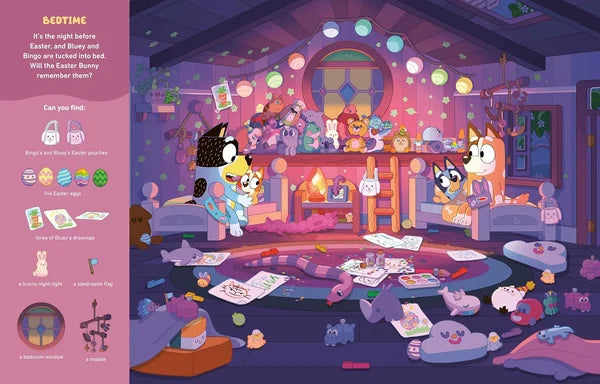 Illustrated children's room with characters around a fireplace, Easter decorations, and a bed.