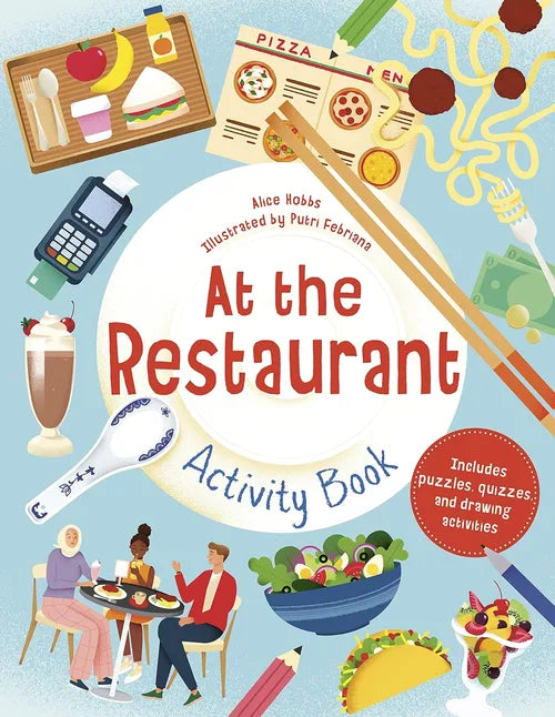 Children's activity book titled 'At the Restaurant' with illustrations of food and activities.