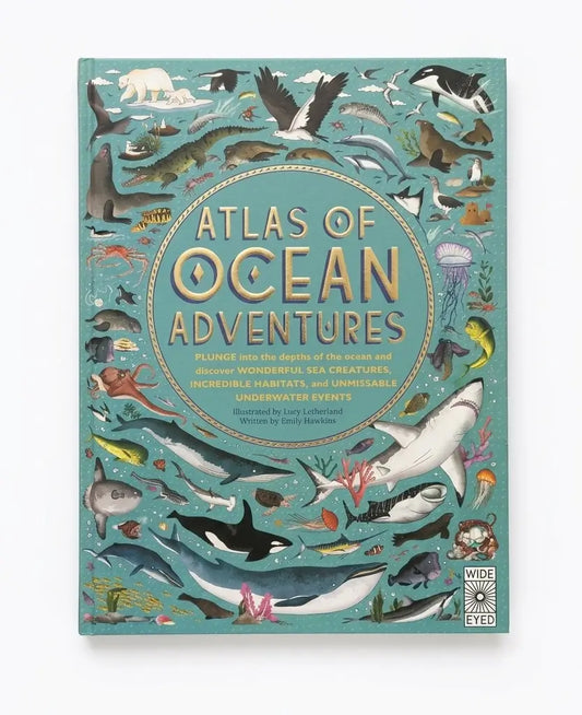 Atlas of Ocean Adventures hardcover book featuring a detailed teal cover illustration filled with various sea creatures, marine life, and ocean animals, with the title in large gold letters.