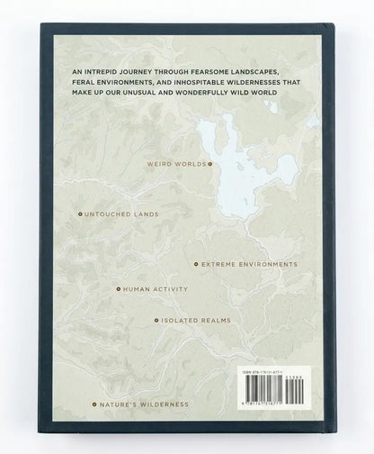 The back cover of a book or notebook with a dark navy border, featuring a light beige topographic map design with text labels and a barcode.