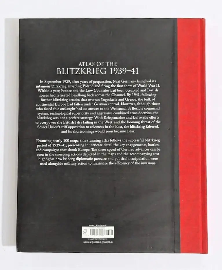 The back cover of the book 'Atlas of the Blitzkrieg 1939-41' showing a black background with white text and a bold red vertical stripe on the right edge.