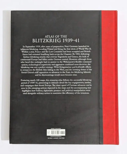 The back cover of the book 'Atlas of the Blitzkrieg 1939-41' showing a black background with white text and a bold red vertical stripe on the right edge.