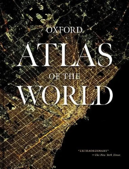 Book cover of 'Atlas of the World' by Oxford with map design and text.