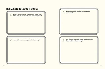 Blank pages with reflective questions about power on a white background