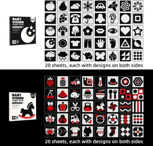 Baby vision paper cards with black and white designs on one side and red and black designs on the other, displayed against a white background.