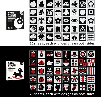 Baby vision paper cards with black and white designs on one side and red and black designs on the other, displayed against a white background.