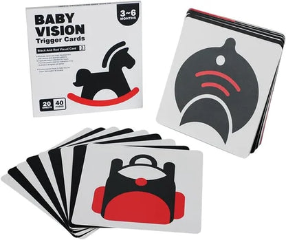 Baby vision trigger cards with black, red, and white design on a white background