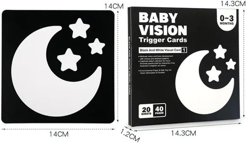 Baby vision trigger cards with moon and star design, showing dimensions and packaging details.