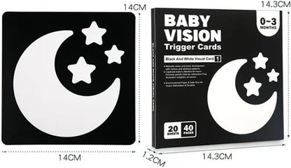 Baby vision trigger cards with moon and star design, showing dimensions and packaging details.