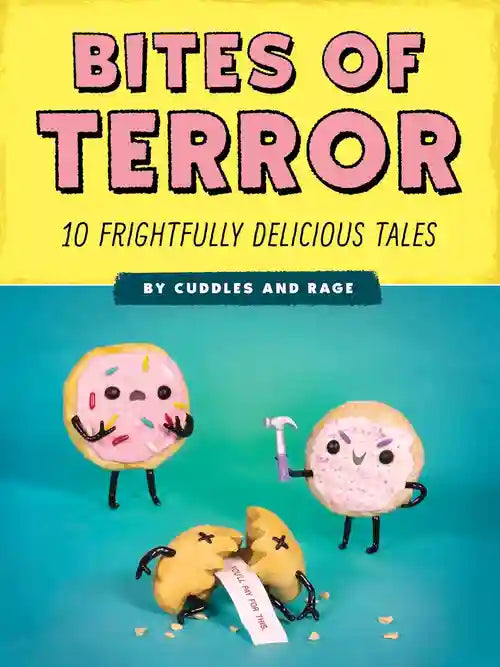 Book cover of 'Bites of Terror' with cartoon donuts on a yellow and blue background