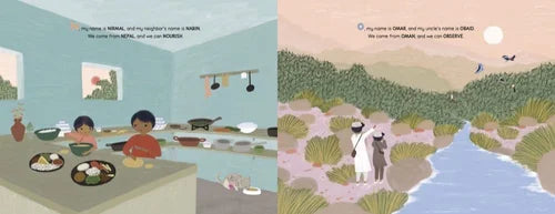 Illustrations of a family meal and a desert landscape with people and animals.