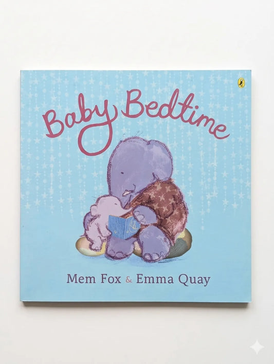 Book titled 'Baby Bedtime' with illustrations of a purple elephant and baby on a blue background.