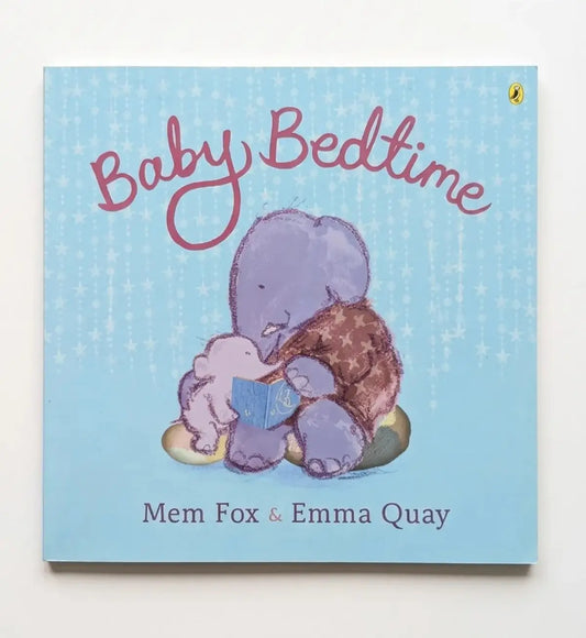Book cover of 'Baby Bedtime' with illustrations of a purple elephant and two animals on a blue background.