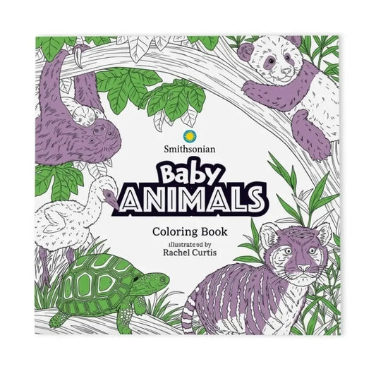 Smithsonian Baby Animals Coloring Book cover featuring illustrated animals including a panda, sloth, turtle, bird, and tiger in black-and-purple outlines with green leaves on a white background.