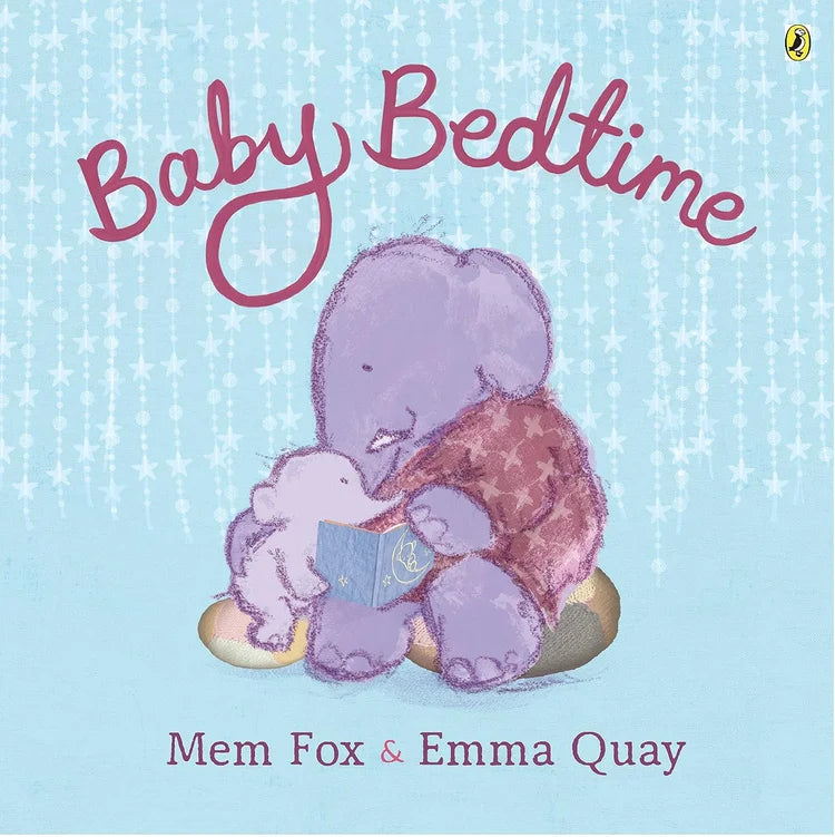Book cover of 'Baby Bedtime' featuring illustrations of a purple elephant and baby elephant on a light blue background.