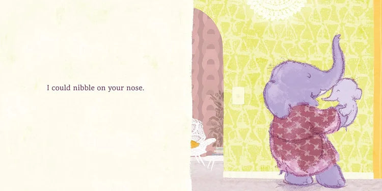 Illustration of an elephant in a bathrobe looking at itself in a mirror with text 'I could nibble on your nose'.