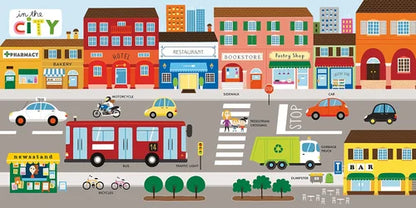 Illustration of a city street with various buildings, vehicles, and people.