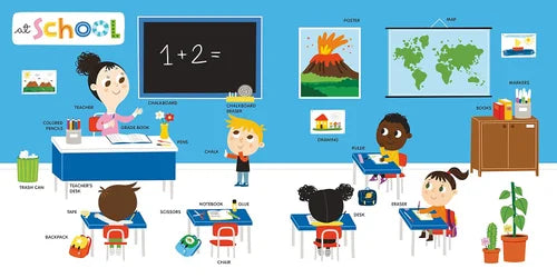 Illustration of a classroom with children at desks, a teacher at the front, and educational posters on the wall.