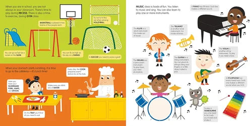 Illustrations of children engaged in various activities with text and icons on a colorful background.