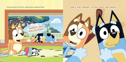 Two panels from an animated children's book featuring two cartoon dogs in a classroom setting.