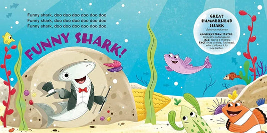 Children's book page with a cartoon shark character and underwater scene.