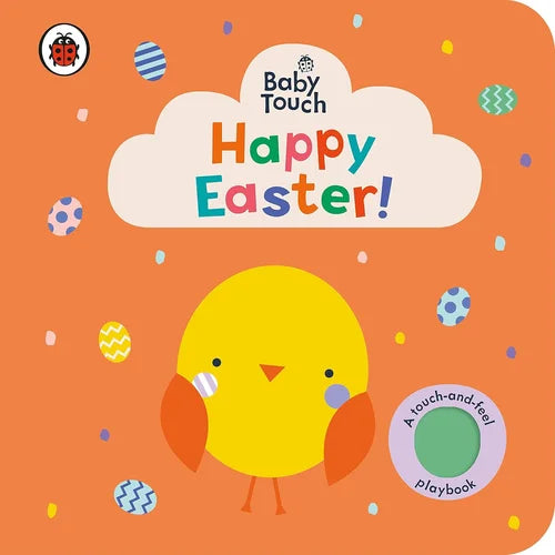 Book cover of 'Happy Easter!' with a yellow chick and colorful eggs on an orange background.