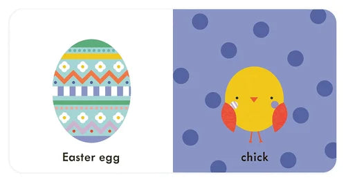 Children's educational card with an Easter egg and chick on a blue polka dot background
