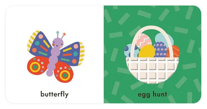 Children's book page with a butterfly illustration on one side and an Easter egg hunt basket on the other, against a green background.