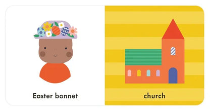 Children's educational card with a girl wearing an Easter bonnet and a church illustration on a yellow background.