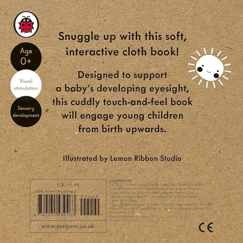 Back cover of a soft, interactive cloth book for babies with text and branding.