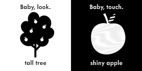 Two black and white illustrations: one of a tall tree with apples and another of a shiny apple, each with text instructions.