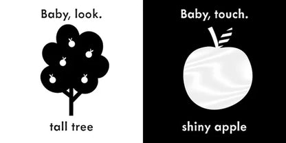 Two black and white illustrations: one of a tall tree with apples and another of a shiny apple, each with text instructions.