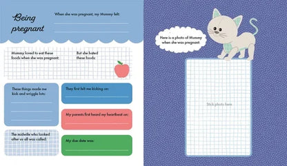 Children's book page with a cat illustration and text about pregnancy.