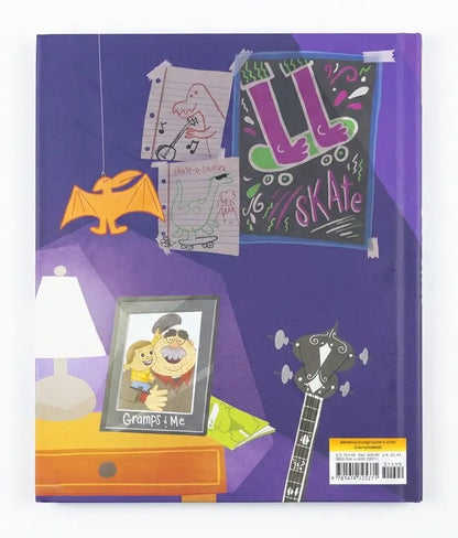 A purple notebook or journal cover featuring a whimsical illustrated bedroom scene with a bed, lamp, framed cartoon photo, chalkboard-style 'LU SKATE' note, guitar, and drawings taped to the wall.