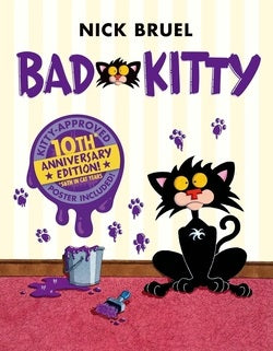 Book cover of 'Bad Kitty' by Nick Bruel with a black cat and purple text.