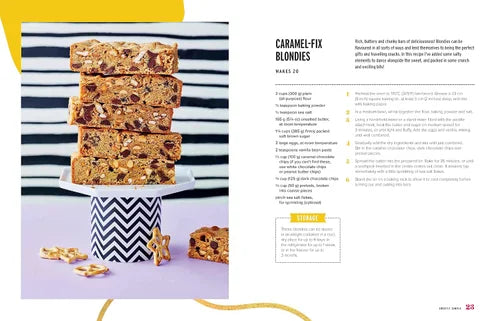 Stack of caramel-fix blondies on a striped stand with recipe text on a magazine page.