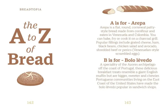 Page from a book titled 'A to Z of Bread' with illustrations and text about different types of bread.