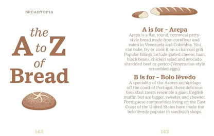 Page from a book titled 'A to Z of Bread' with illustrations and text about different types of bread.