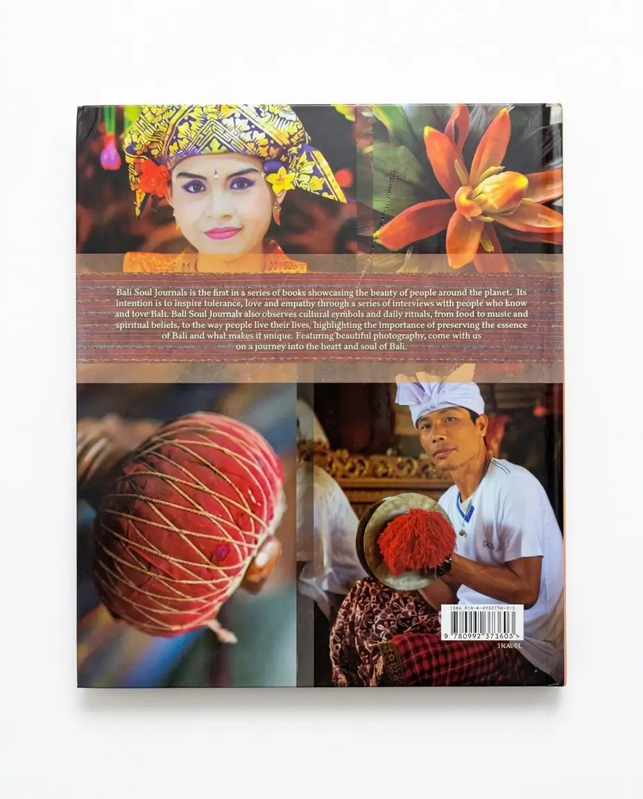 The back cover of a book titled 'Gula Gold Journals' featuring a collage of four photographs: a woman in traditional Balinese attire, a close-up of an orange flower, a hand holding a red wrapped object, and a man holding a drum with red powder, with a central text block and a barcode.