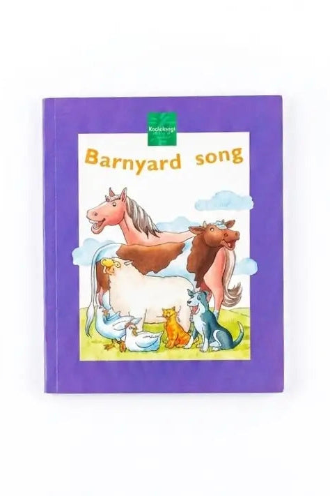 A children's hardcover song book titled 'Barnyard song' with a purple cover and colorful cartoon illustrations of farm animals, shown on a plain white background.