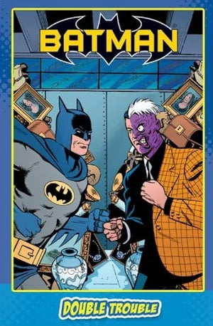 Batman and a purple-skinned villain in a comic book style illustration with 'Batman' and 'Double Trouble' text.