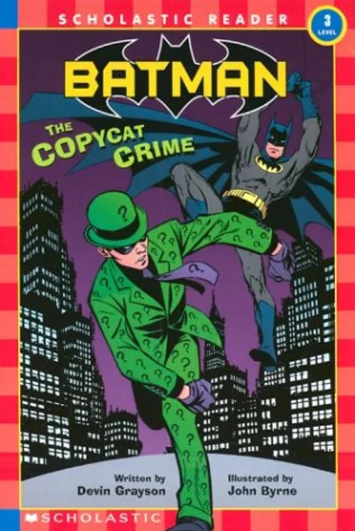 Book cover of 'Batman: The Copycat Crime' featuring Batman and a copycat in a cityscape.