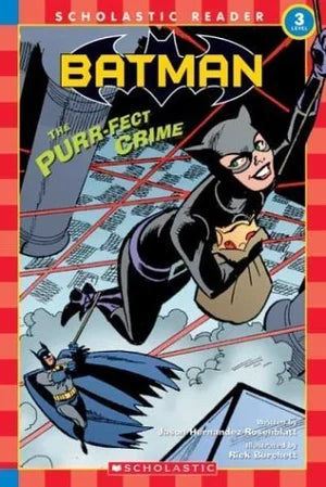 Book cover of 'Batman: The Purr-fect Crime' featuring Batman and Catwoman on a newspaper background.