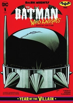 Comic book cover of 'The Batman Who Laughs' with a red background and dark silhouette.