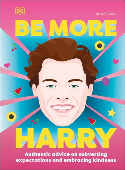 Book cover with a colorful design featuring a face and text 'Be More Harry' on a pink and blue background.