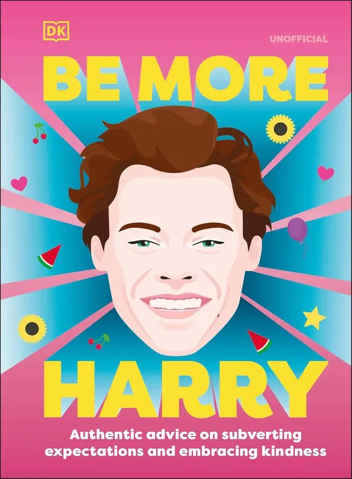 Book cover with a colorful design featuring a face and text 'Be More Harry' on a pink and blue background.