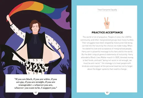 Illustration of a person holding a rainbow flag with text about treating everyone equally on a blue background.